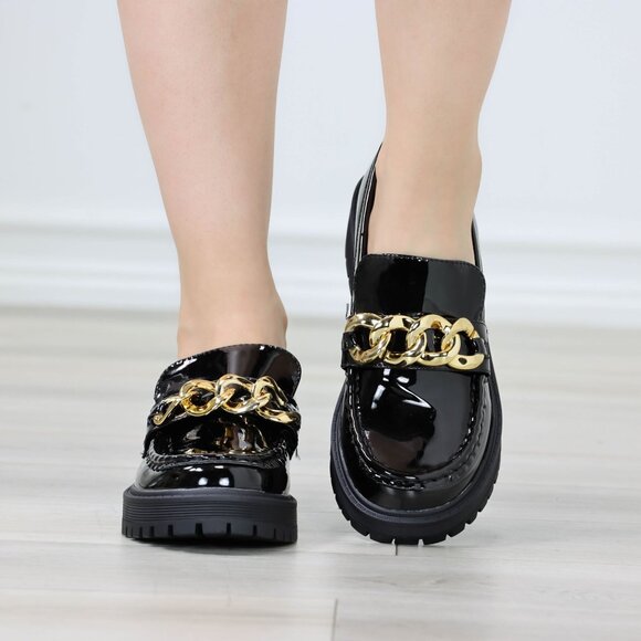 Womens Chunky Penny Loafer Lug Sole Slip On Platform Black Patent Gold Chain - Picture 7 of 15